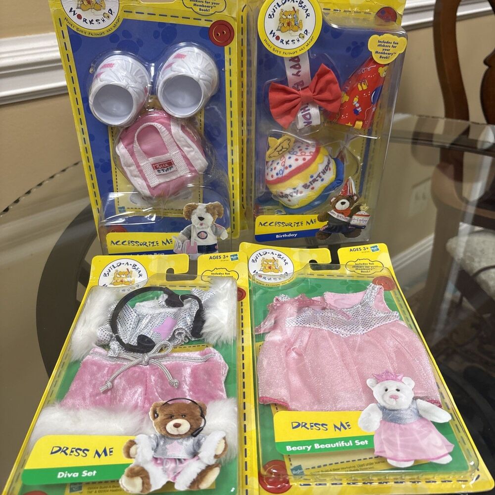 Vtg Build a Bear Workshop Hasbro NIB NOS *NEW SEALED* Set 4 Dress Diva Bday